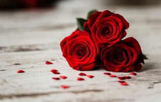 Three red roses and little red hearts